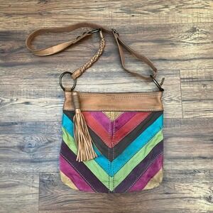 Fossil Colourful Patchwork Leather Crossbody bag Tassel Adjustable Strap Boho